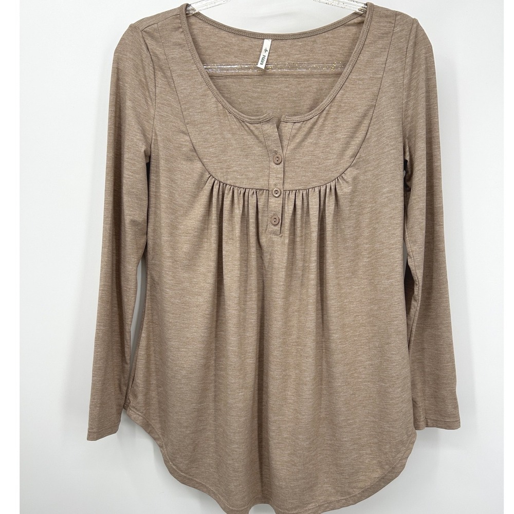 Halara Women Tan Heathered Pleated Henley Long Sleeve Top Small